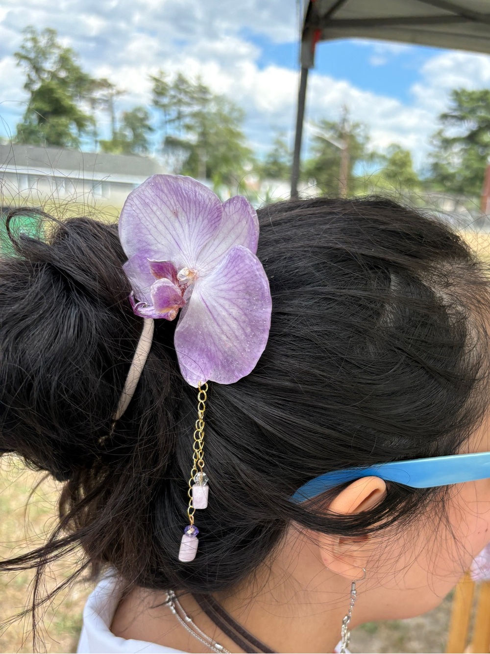 Handmade Purple Orchid Hair Clip with Dangle Beads